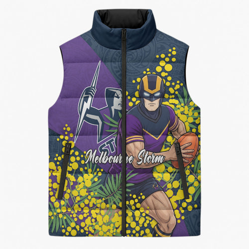Melbourne Storm Sleeveless Puffer Jacket Golden Wattle Floral Polynesian - Australian Flower - Rugby Mascot