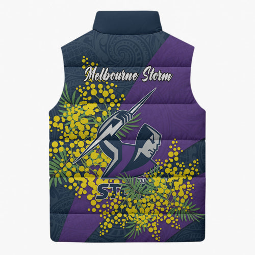 Melbourne Storm Sleeveless Puffer Jacket Golden Wattle Floral Polynesian - Australian Flower - Rugby Mascot