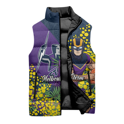 Melbourne Storm Sleeveless Puffer Jacket Golden Wattle Floral Polynesian - Australian Flower - Rugby Mascot