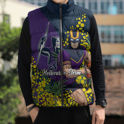 Melbourne Storm Sleeveless Puffer Jacket Golden Wattle Floral Polynesian - Australian Flower - Rugby Mascot