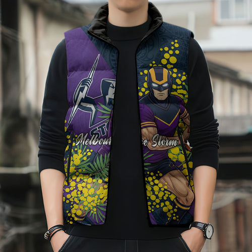 Melbourne Storm Sleeveless Puffer Jacket Golden Wattle Floral Polynesian - Australian Flower - Rugby Mascot