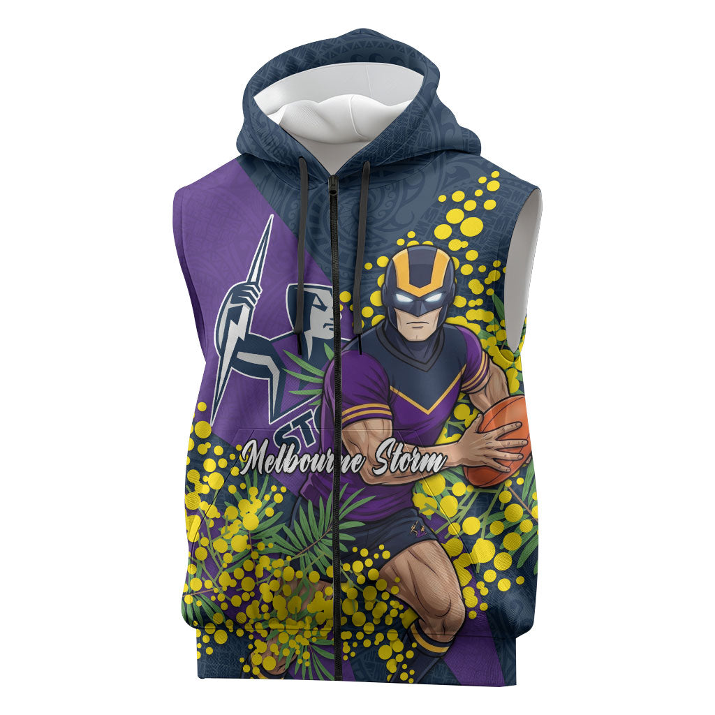 Melbourne Storm Sleeveless Zip Hoodie Golden Wattle Floral Polynesian - Australian Flower - Rugby Mascot