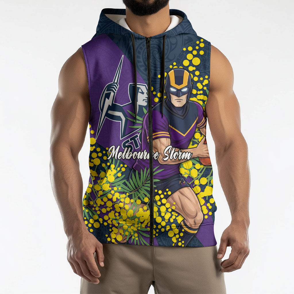 Melbourne Storm Sleeveless Zip Hoodie Golden Wattle Floral Polynesian - Australian Flower - Rugby Mascot