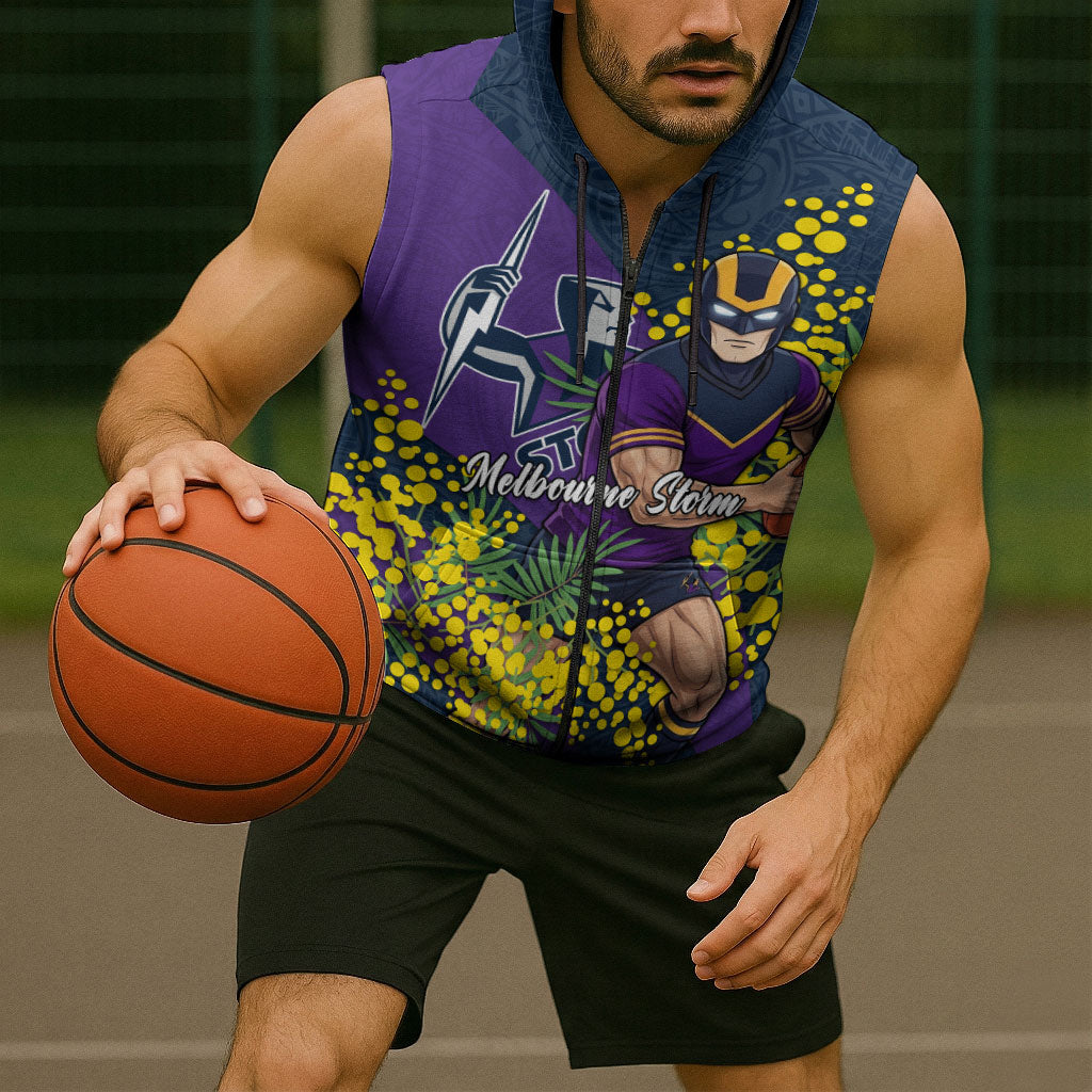 Melbourne Storm Sleeveless Zip Hoodie Golden Wattle Floral Polynesian - Australian Flower - Rugby Mascot