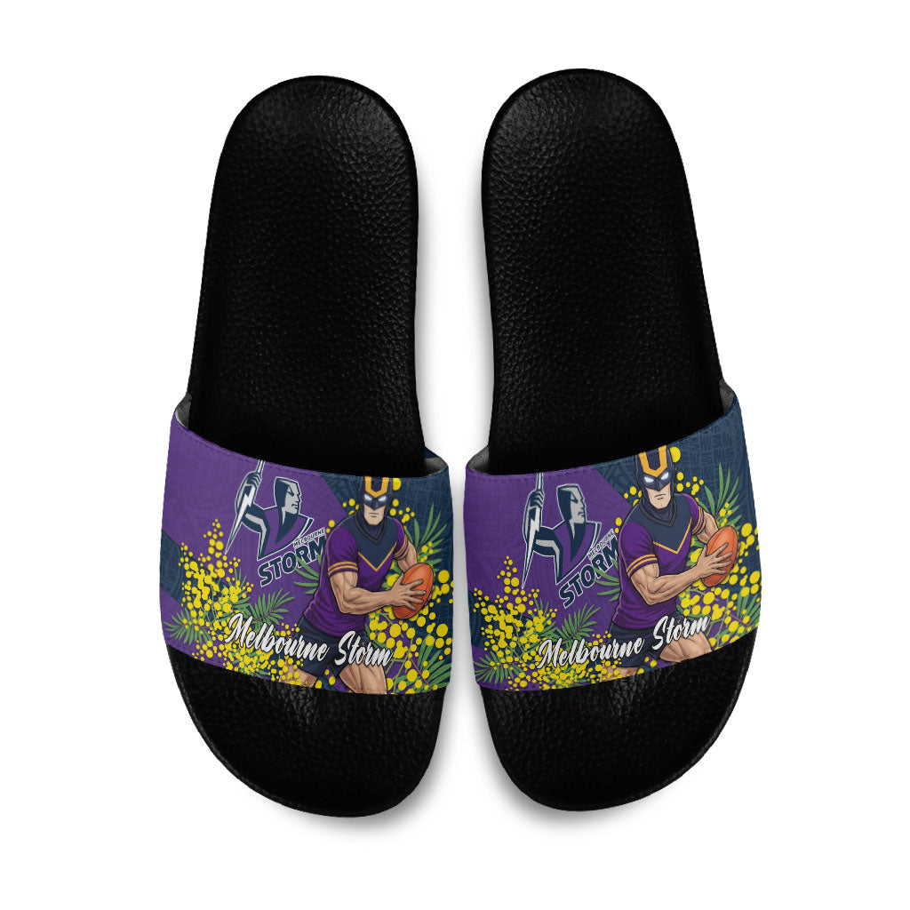 Melbourne Storm Slide Sandals Golden Wattle Floral Polynesian - Australian Flower - Rugby Mascot