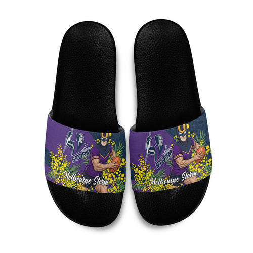 Melbourne Storm Slide Sandals Golden Wattle Floral Polynesian - Australian Flower - Rugby Mascot