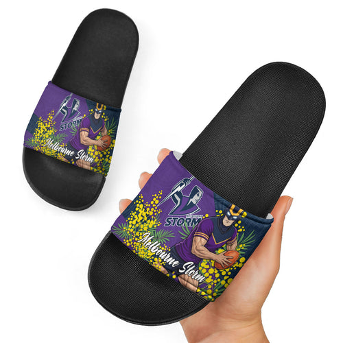 Melbourne Storm Slide Sandals Golden Wattle Floral Polynesian - Australian Flower - Rugby Mascot