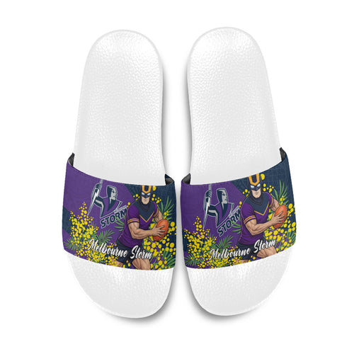 Melbourne Storm Slide Sandals Golden Wattle Floral Polynesian - Australian Flower - Rugby Mascot
