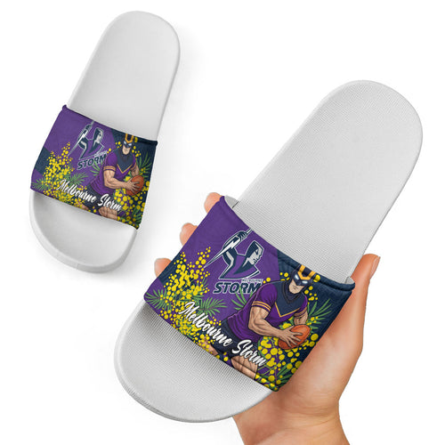 Melbourne Storm Slide Sandals Golden Wattle Floral Polynesian - Australian Flower - Rugby Mascot