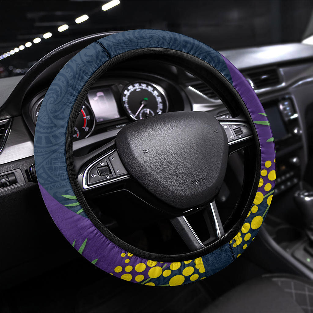 Melbourne Storm Steering Wheel Cover Golden Wattle Floral Polynesian - Australian Flower - Rugby Mascot