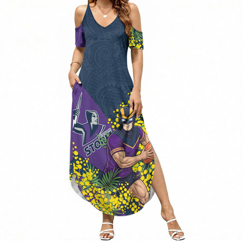 Melbourne Storm Summer Maxi Dress Golden Wattle Floral Polynesian - Australian Flower - Rugby Mascot