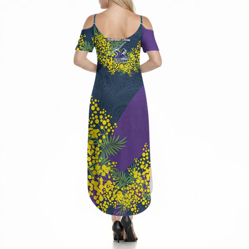 Melbourne Storm Summer Maxi Dress Golden Wattle Floral Polynesian - Australian Flower - Rugby Mascot