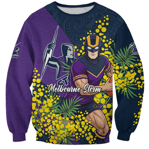 Melbourne Storm Sweatshirt Golden Wattle Floral Polynesian - Australian Flower - Rugby Mascot