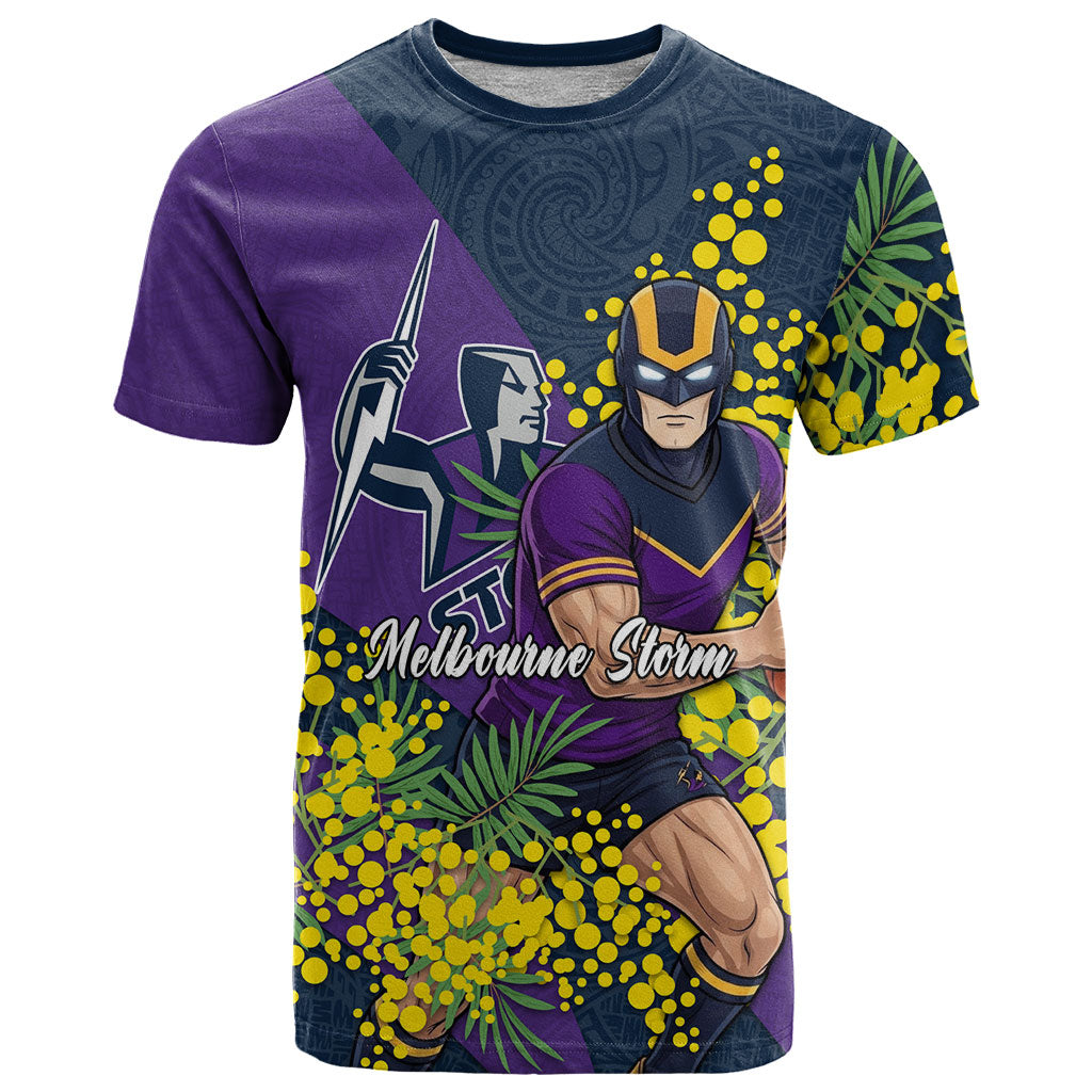 Melbourne Storm T Shirt Golden Wattle Floral Polynesian - Australian Flower - Rugby Mascot