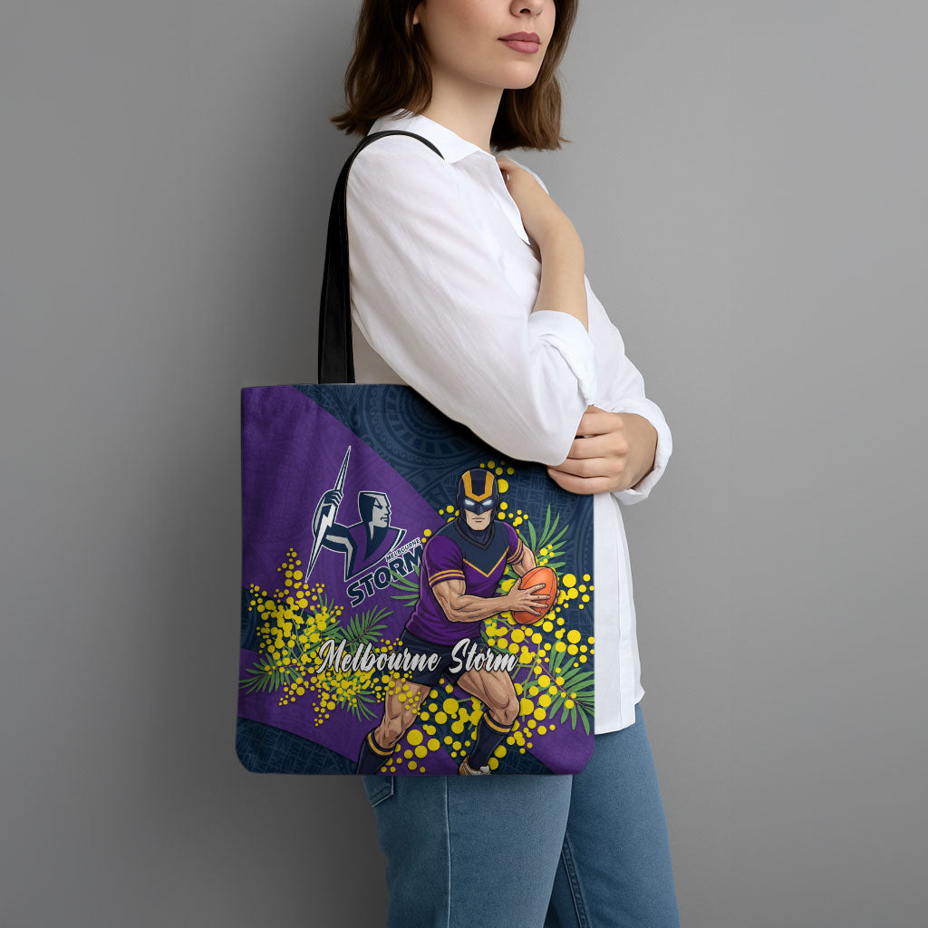 Melbourne Storm Tote Bag Golden Wattle Floral Polynesian - Australian Flower - Rugby Mascot