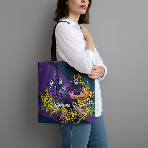 Melbourne Storm Tote Bag Golden Wattle Floral Polynesian - Australian Flower - Rugby Mascot