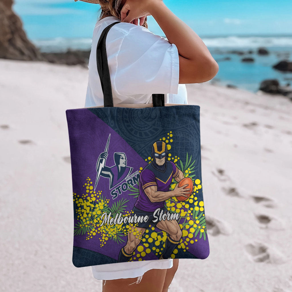 Melbourne Storm Tote Bag Golden Wattle Floral Polynesian - Australian Flower - Rugby Mascot