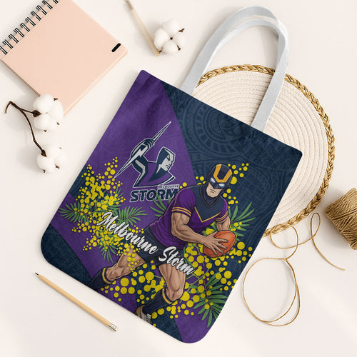 Melbourne Storm Tote Bag Golden Wattle Floral Polynesian - Australian Flower - Rugby Mascot