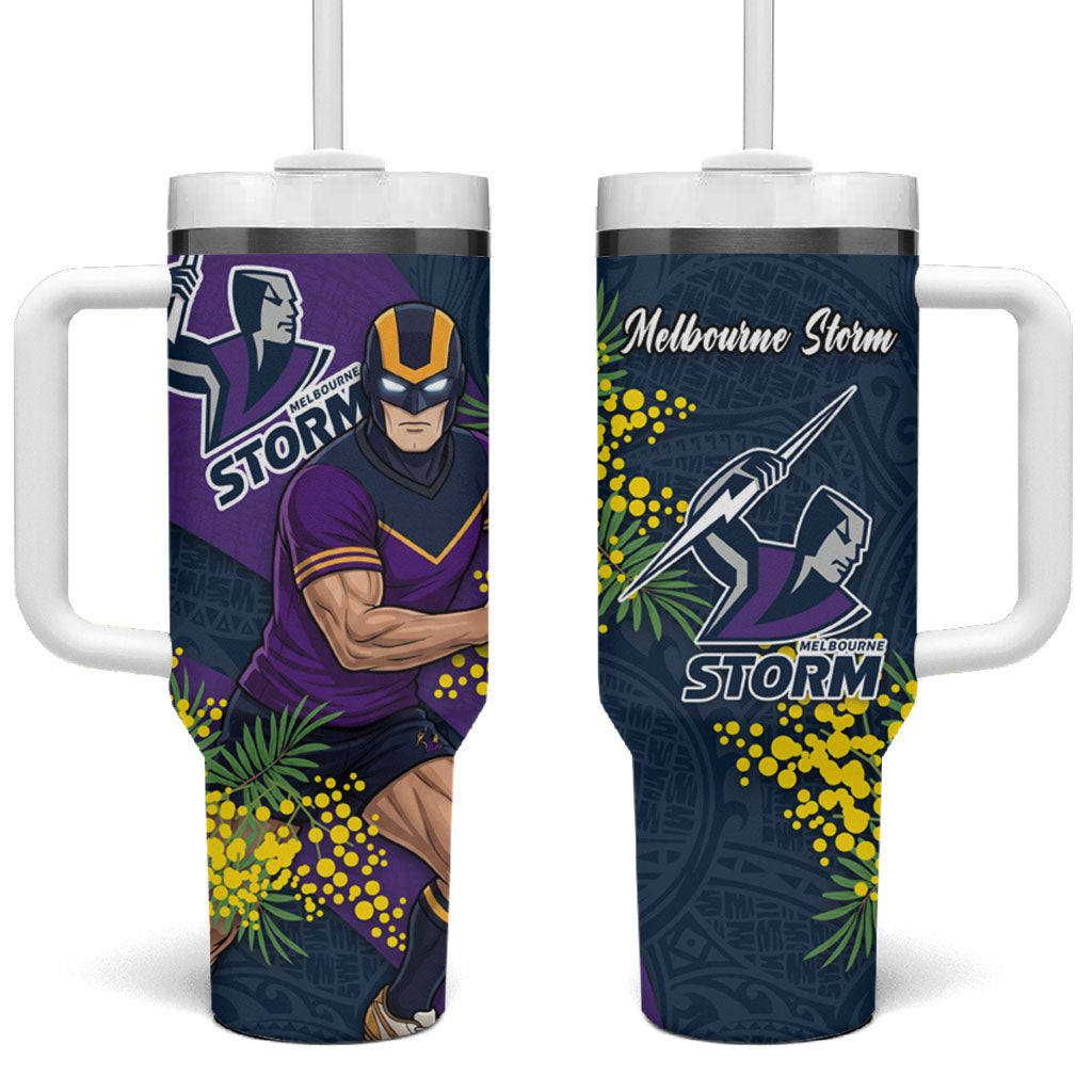 Melbourne Storm Tumbler With Handle Golden Wattle Floral Polynesian - Australian Flower - Rugby Mascot