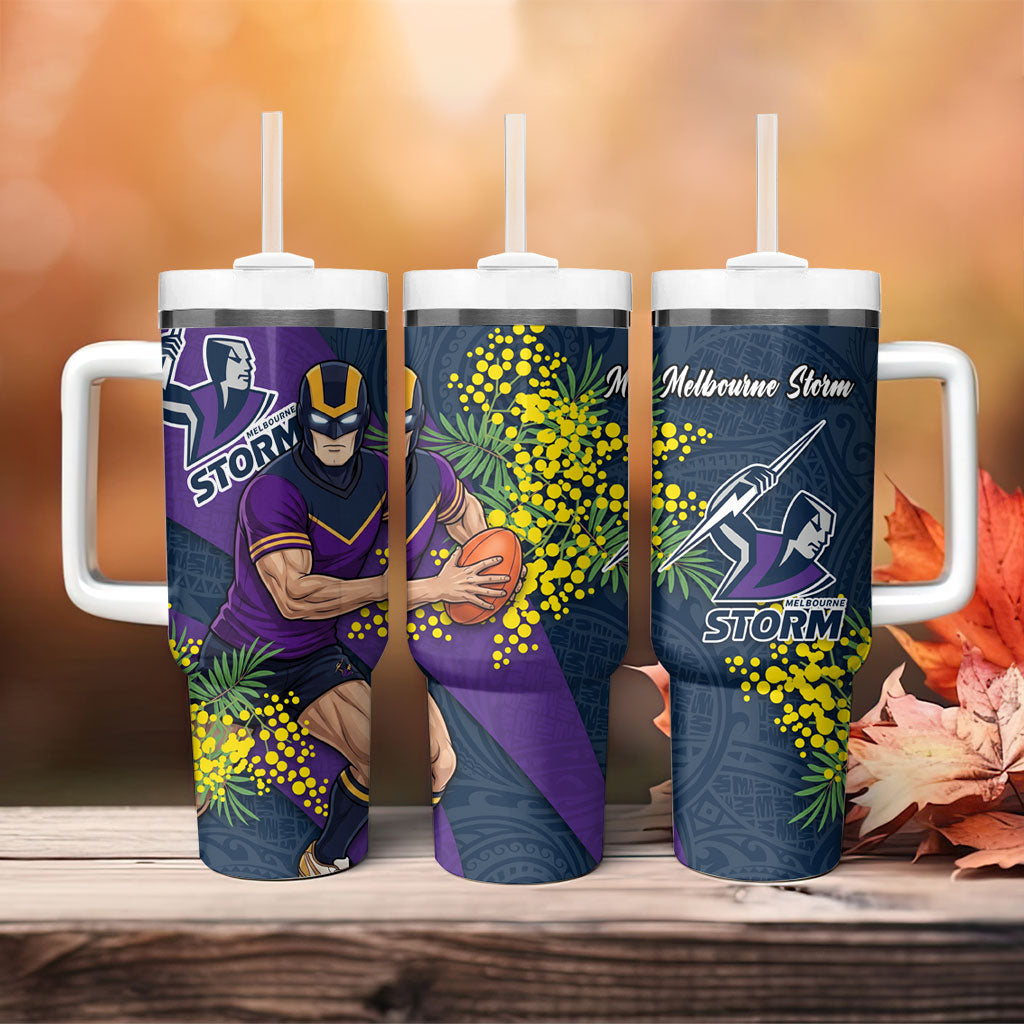 Melbourne Storm Tumbler With Handle Golden Wattle Floral Polynesian - Australian Flower - Rugby Mascot