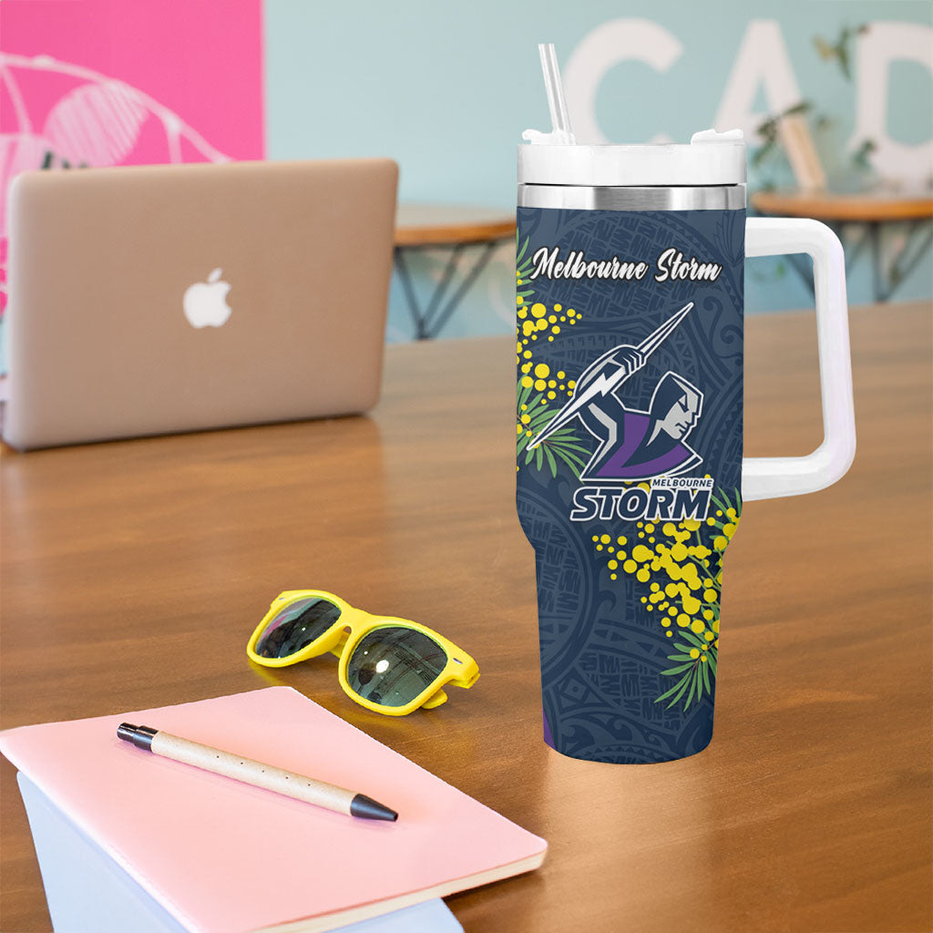 Melbourne Storm Tumbler With Handle Golden Wattle Floral Polynesian - Australian Flower - Rugby Mascot