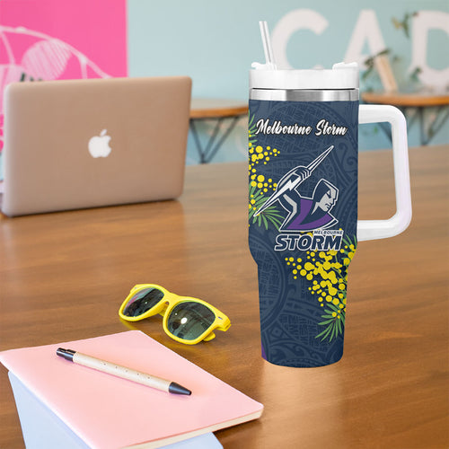 Melbourne Storm Tumbler With Handle Golden Wattle Floral Polynesian - Australian Flower - Rugby Mascot