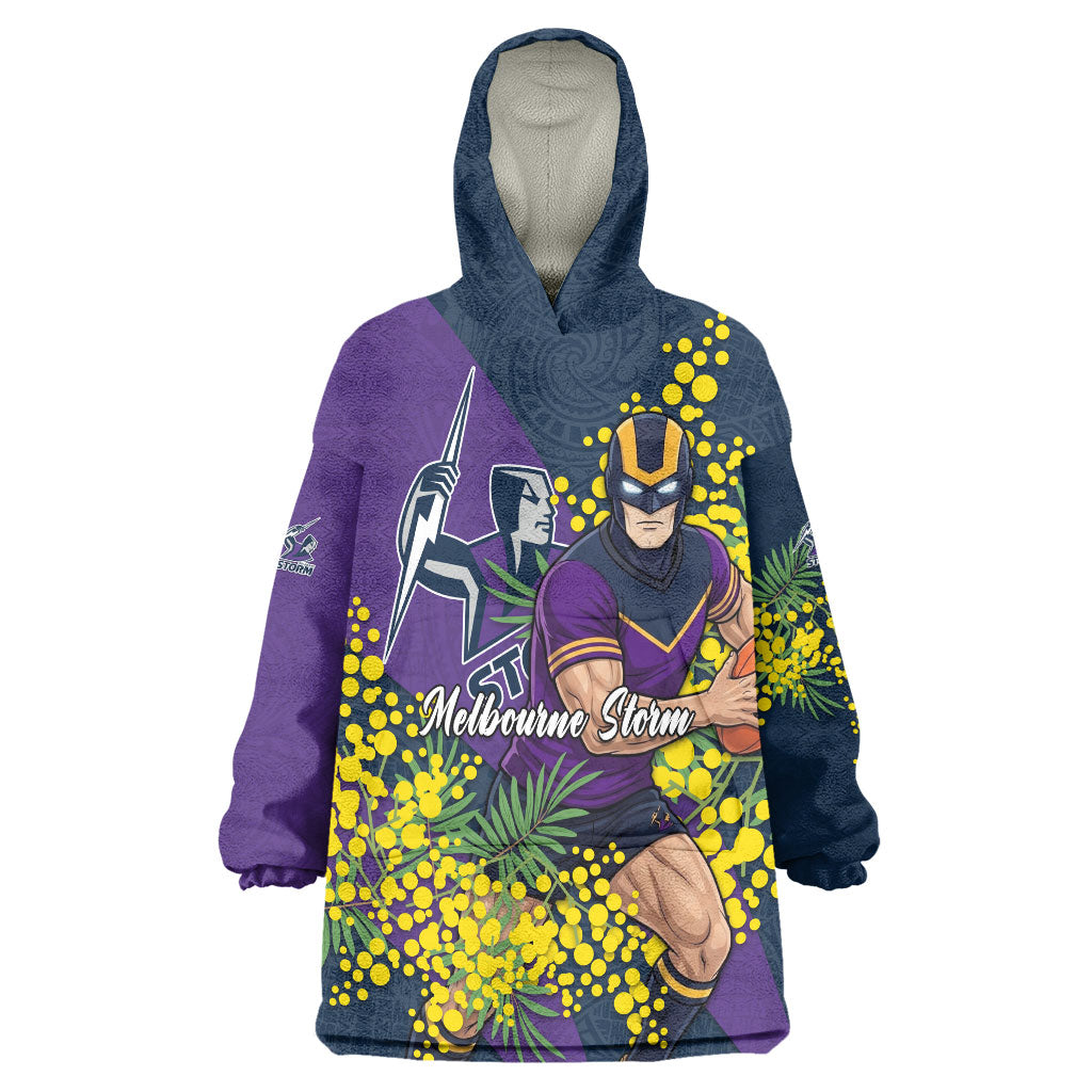 Melbourne Storm Wearable Blanket Hoodie Golden Wattle Floral Polynesian - Australian Flower - Rugby Mascot