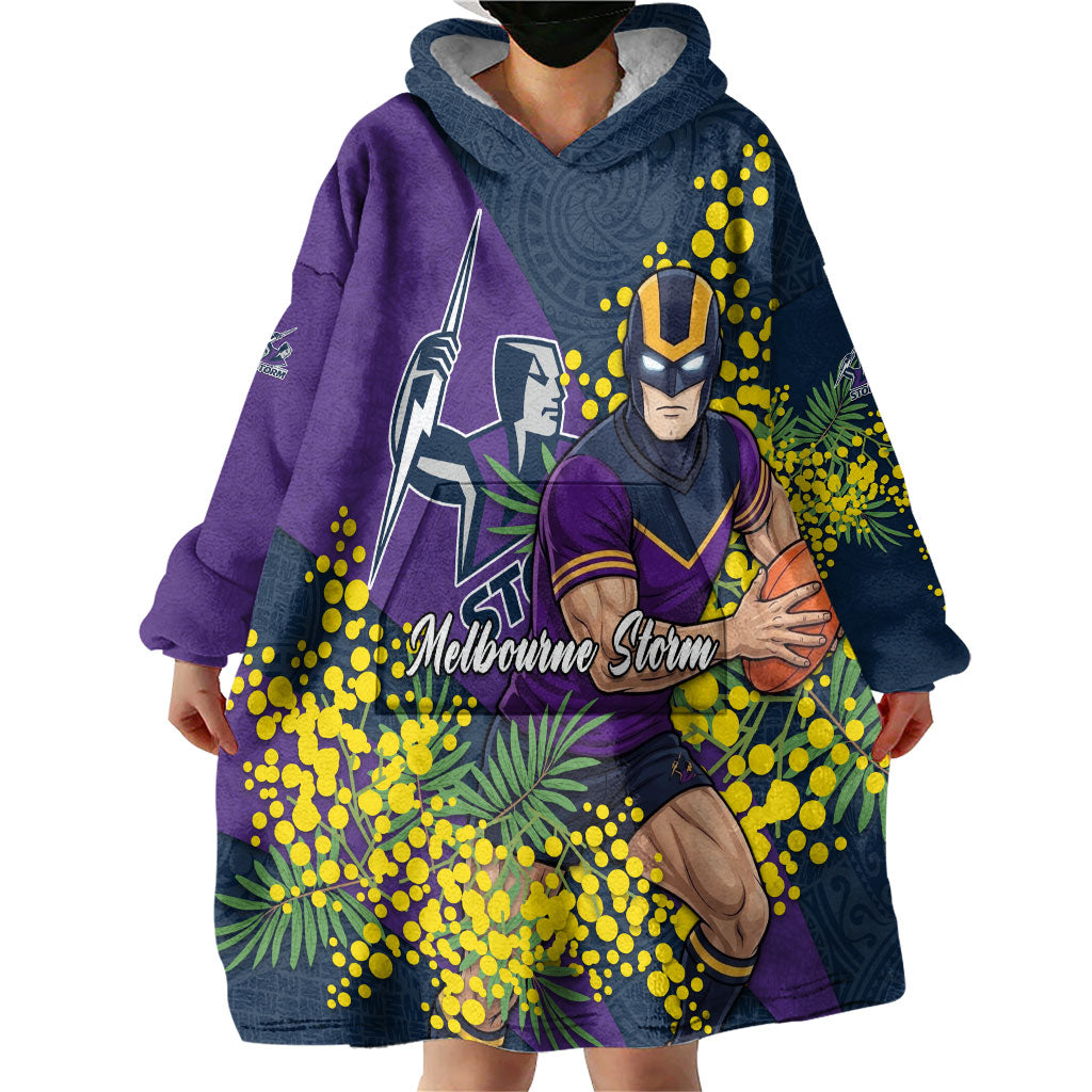 Melbourne Storm Wearable Blanket Hoodie Golden Wattle Floral Polynesian - Australian Flower - Rugby Mascot