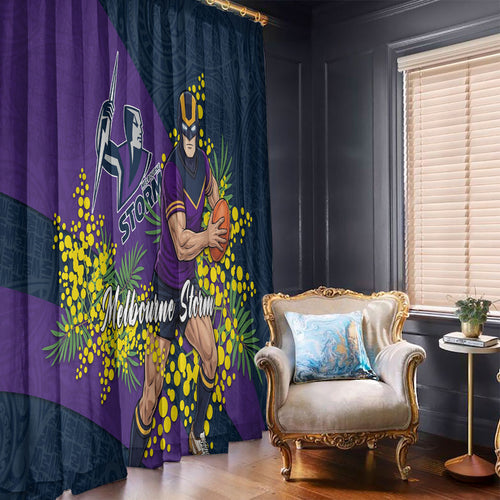 Melbourne Storm Window Curtain Golden Wattle Floral Polynesian - Australian Flower - Rugby Mascot