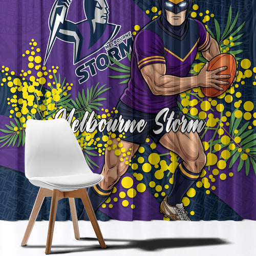 Melbourne Storm Window Curtain Golden Wattle Floral Polynesian - Australian Flower - Rugby Mascot