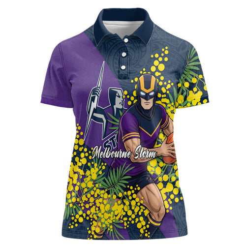 Melbourne Storm Women Polo Shirt Golden Wattle Floral Polynesian - Australian Flower - Rugby Mascot