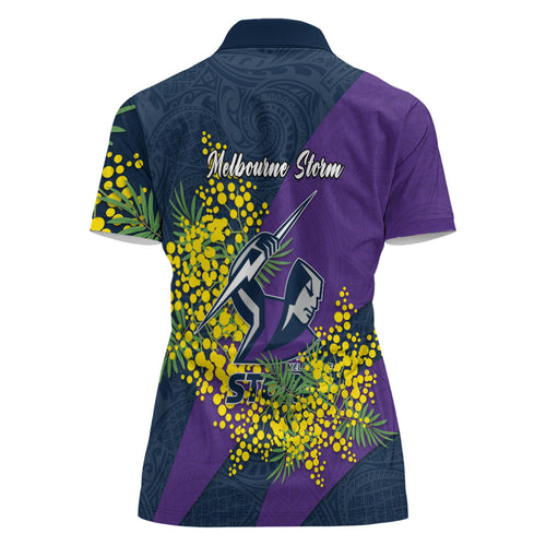 Melbourne Storm Women Polo Shirt Golden Wattle Floral Polynesian - Australian Flower - Rugby Mascot