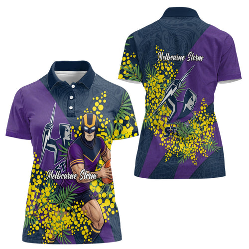 Melbourne Storm Women Polo Shirt Golden Wattle Floral Polynesian - Australian Flower - Rugby Mascot