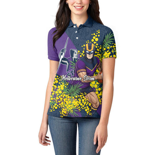 Melbourne Storm Women Polo Shirt Golden Wattle Floral Polynesian - Australian Flower - Rugby Mascot