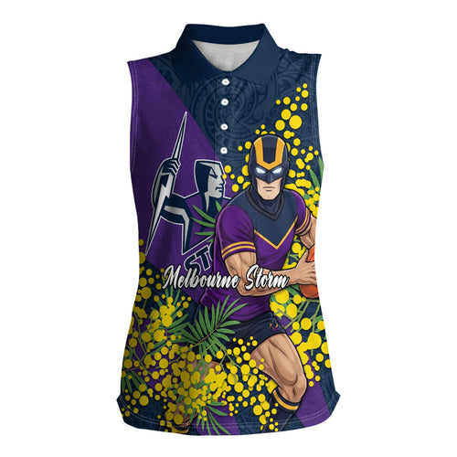 Melbourne Storm Women Sleeveless Polo Shirt Golden Wattle Floral Polynesian - Australian Flower - Rugby Mascot