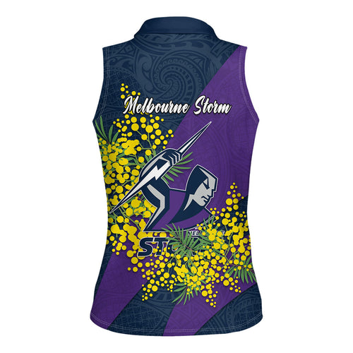 Melbourne Storm Women Sleeveless Polo Shirt Golden Wattle Floral Polynesian - Australian Flower - Rugby Mascot