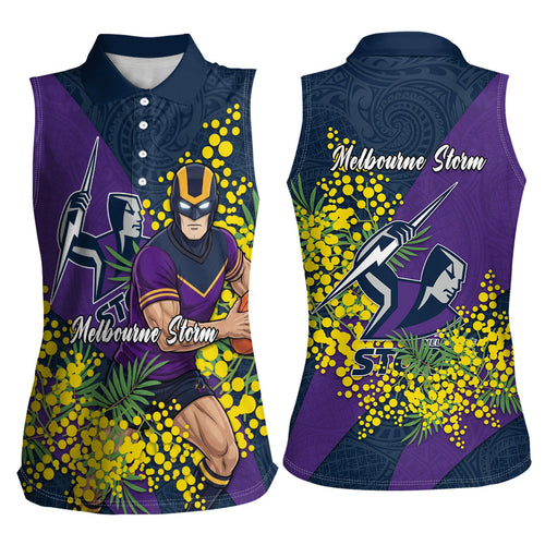 Melbourne Storm Women Sleeveless Polo Shirt Golden Wattle Floral Polynesian - Australian Flower - Rugby Mascot