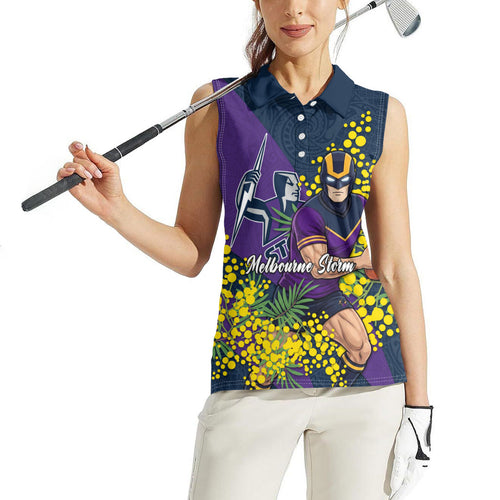 Melbourne Storm Women Sleeveless Polo Shirt Golden Wattle Floral Polynesian - Australian Flower - Rugby Mascot