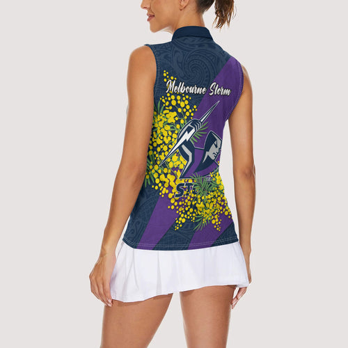 Melbourne Storm Women Sleeveless Polo Shirt Golden Wattle Floral Polynesian - Australian Flower - Rugby Mascot