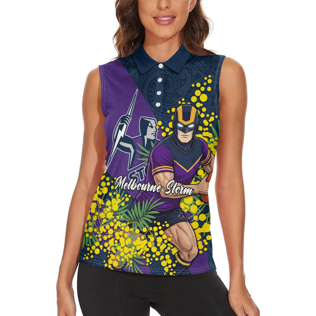 Melbourne Storm Women Sleeveless Polo Shirt Golden Wattle Floral Polynesian - Australian Flower - Rugby Mascot