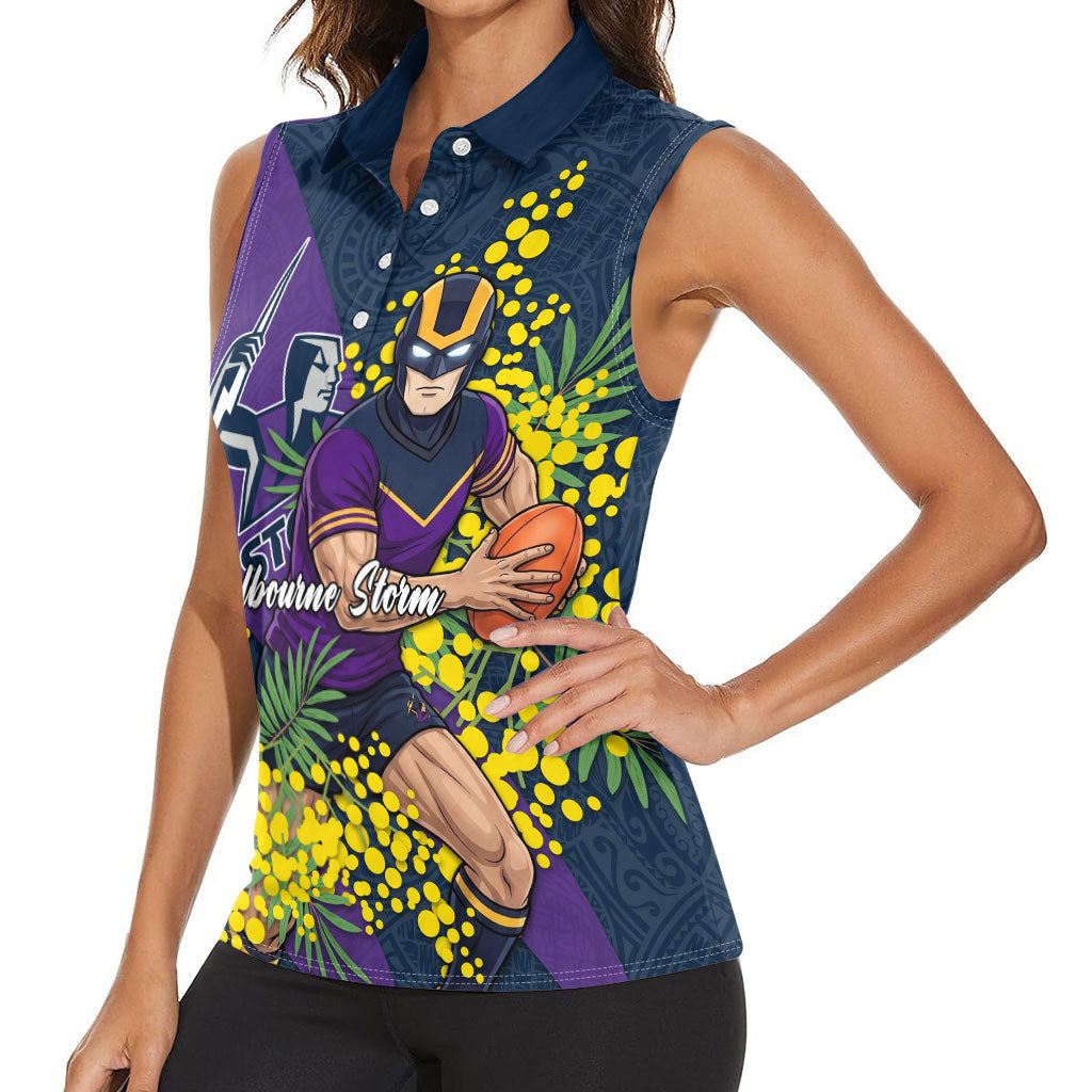 Melbourne Storm Women Sleeveless Polo Shirt Golden Wattle Floral Polynesian - Australian Flower - Rugby Mascot