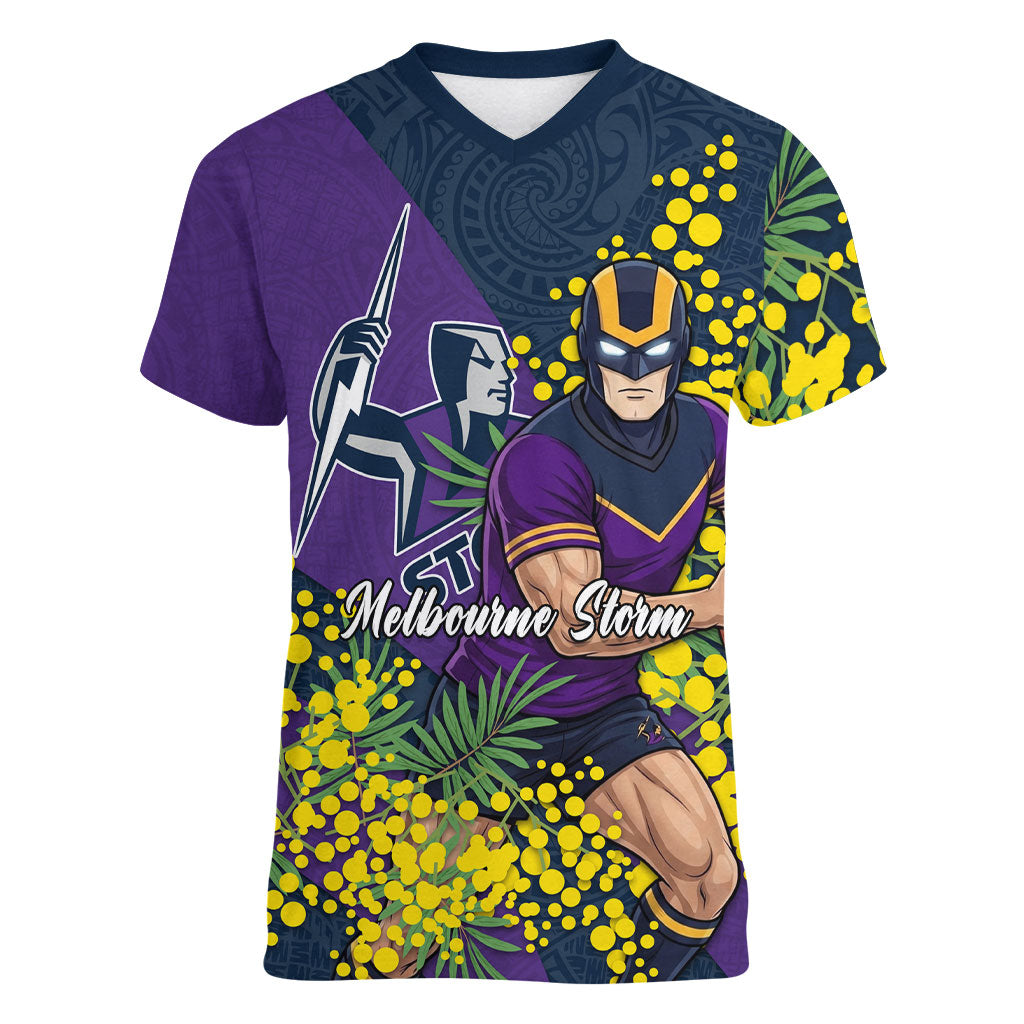 Melbourne Storm Women V-Neck T-Shirt Golden Wattle Floral Polynesian - Australian Flower - Rugby Mascot