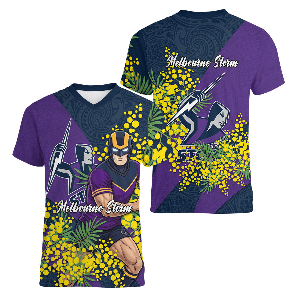 Melbourne Storm Women V-Neck T-Shirt Golden Wattle Floral Polynesian - Australian Flower - Rugby Mascot