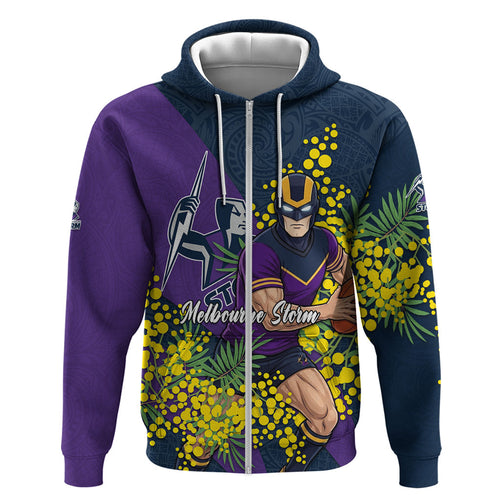 Melbourne Storm Zip Hoodie Golden Wattle Floral Polynesian - Australian Flower - Rugby Mascot