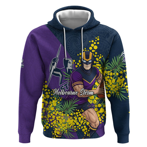 Melbourne Storm Zip Hoodie Golden Wattle Floral Polynesian - Australian Flower - Rugby Mascot