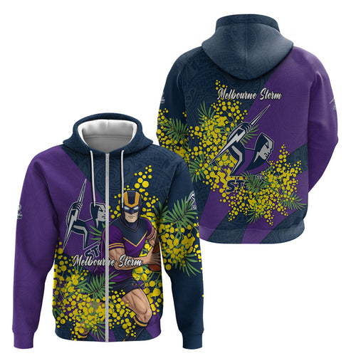 Melbourne Storm Zip Hoodie Golden Wattle Floral Polynesian - Australian Flower - Rugby Mascot