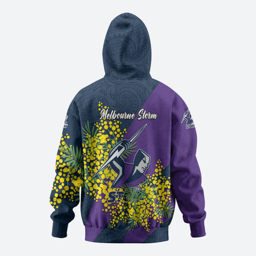 Melbourne Storm Zip Hoodie Golden Wattle Floral Polynesian - Australian Flower - Rugby Mascot