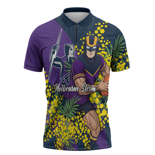 Melbourne Storm Zipper Polo Shirt Golden Wattle Floral Polynesian - Australian Flower - Rugby Mascot