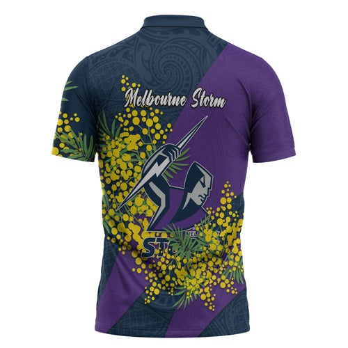 Melbourne Storm Zipper Polo Shirt Golden Wattle Floral Polynesian - Australian Flower - Rugby Mascot