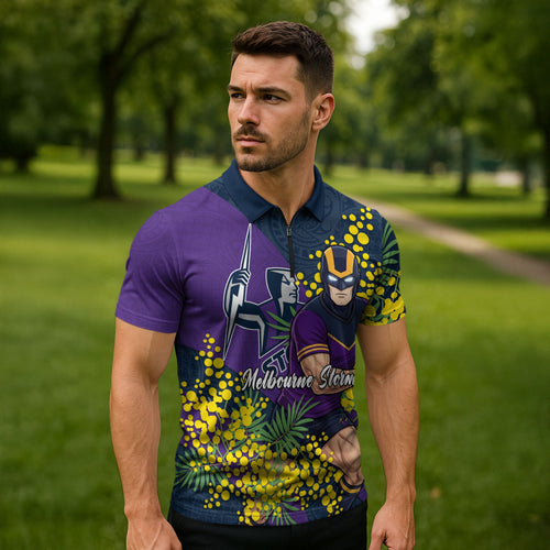Melbourne Storm Zipper Polo Shirt Golden Wattle Floral Polynesian - Australian Flower - Rugby Mascot